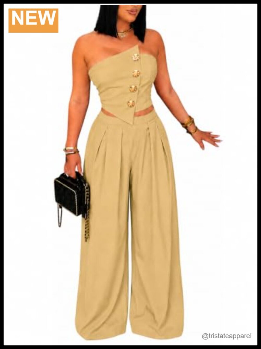 Women 2 Piece Pants Set Strapless Asymmetrical Top Wide Leg Pants
